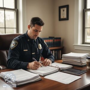 A police officer in uniform sits at a desk, focused on reviewing official documents and writing notes.
