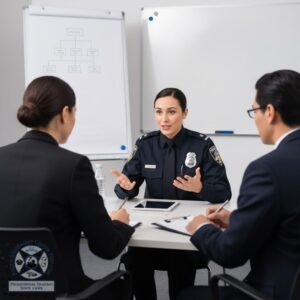 A female police officer actively engages in a simulated assessment center exercise, gesturing while speaking to two evaluators.
