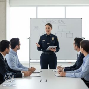 A female police officer delivers a presentation, holding a tablet and speaking to a group of attentive colleagues around a conference table.