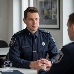 A police officer in uniform engages in a serious conversation, listening intently to a colleague seated across from them.