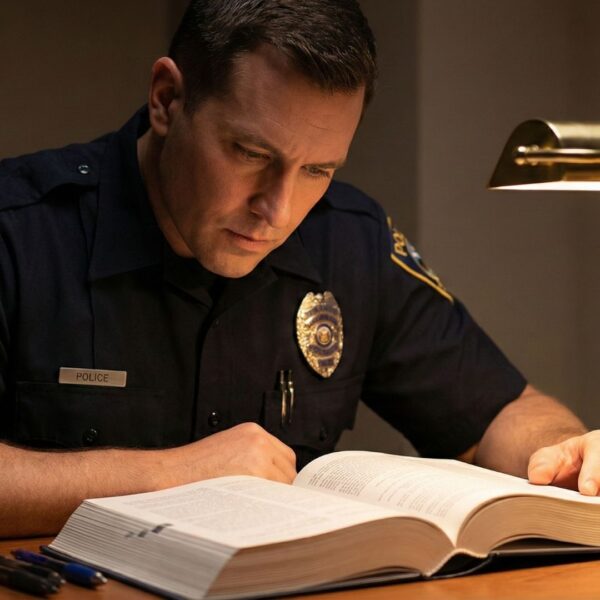 police officer reading through textbook