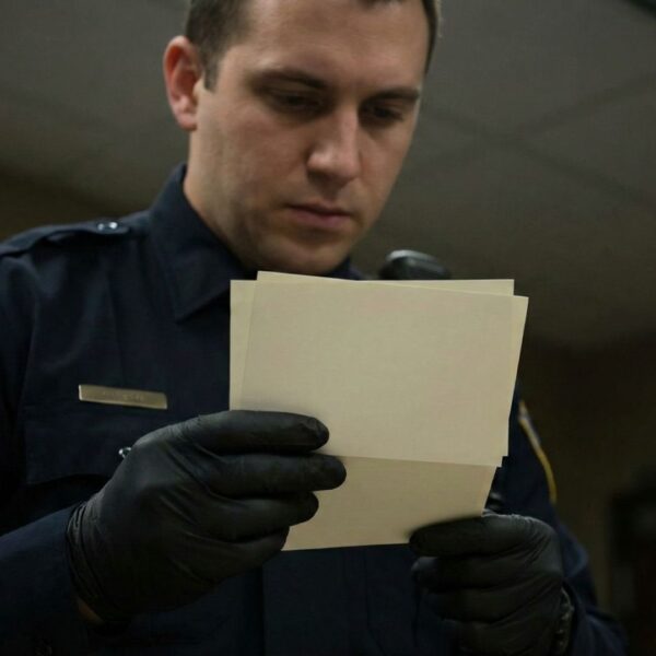 police officer looking over notecards