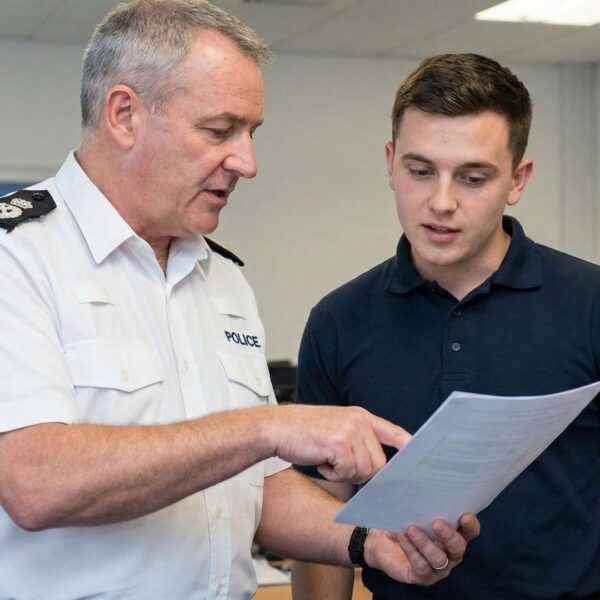 two officers looking over a schedule on paper
