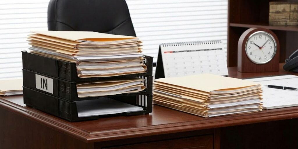 Executive desk with overflowing in-basket trays and a clock representing exam pressure.