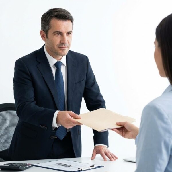  A male supervisor handing a folder to a female colleague across a desk.
