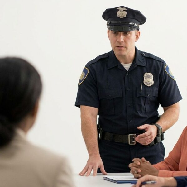 A confident police officer speaks with authority to listeners.