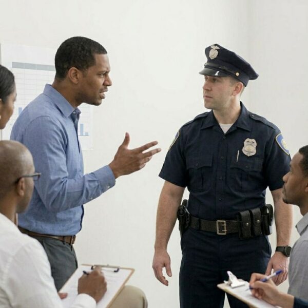 A calm, professional officer manages a tense interaction.